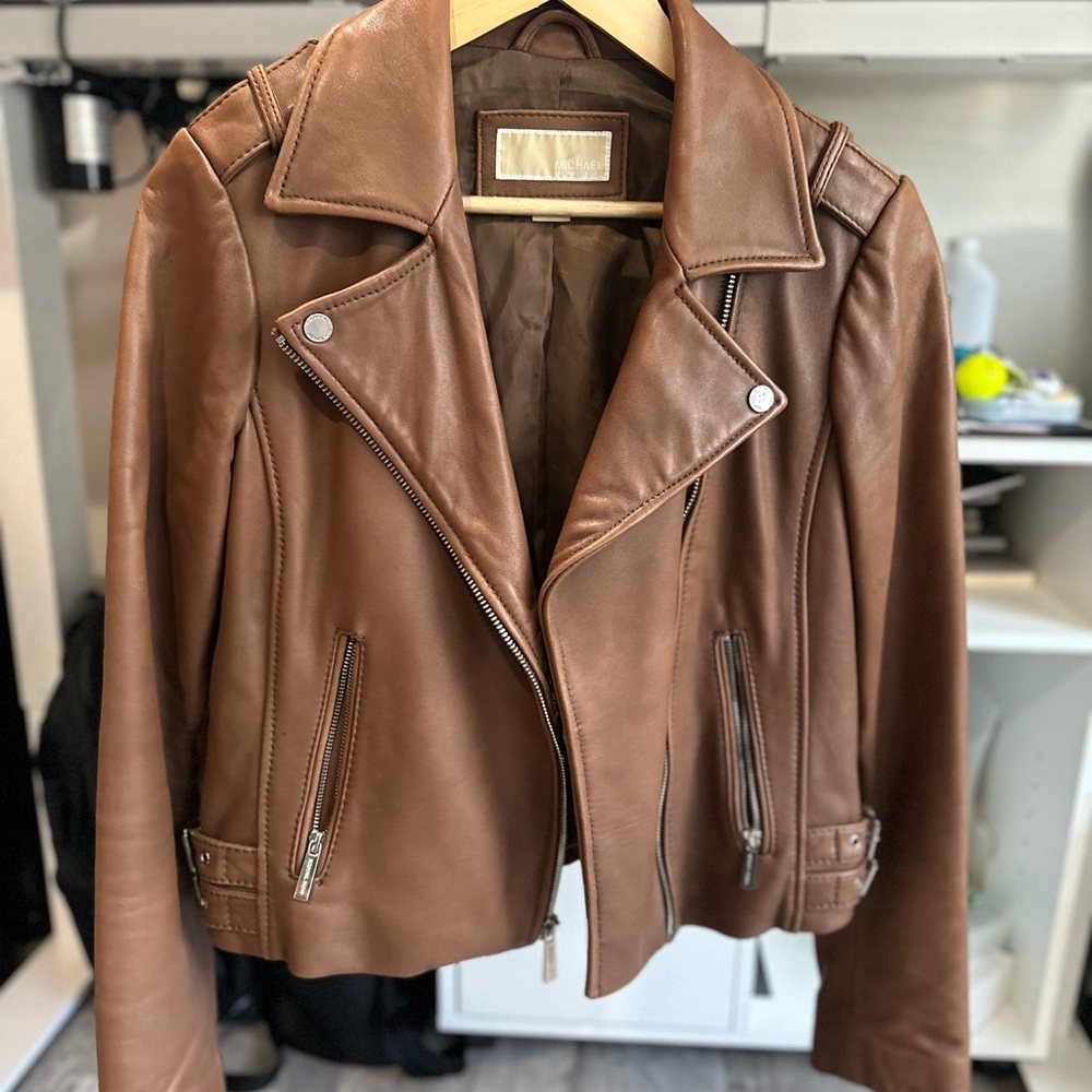 Michael Kors Brown Manilla Leather Moto Jacket for sale